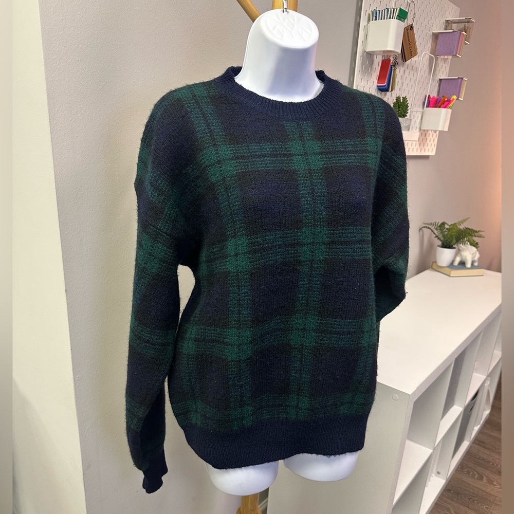 Vintage Thornton Bay Clothing Co Green/Navy/Blk Plaid Wool Men's Sweater Sz XL